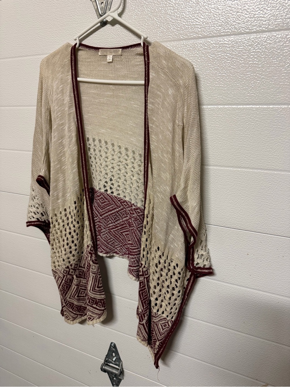 Say What? Beige and Burgundy Open Knit Draped Cardigan